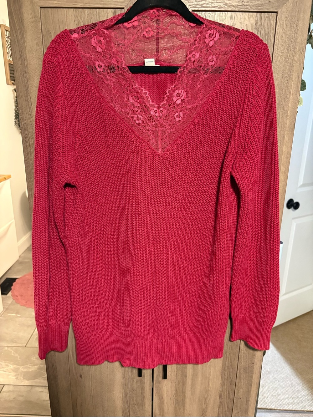 Sundance Red Lace-Trim V-Neck Sweater